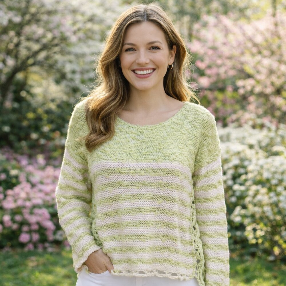 Free People Open Knit Sweater Women XS Green White Striped Loose Textured Cotton